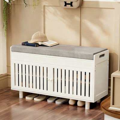 Bamboo Shoe Storage Bench With 2 Doors & Lift Top, 35.4 Inch Entryway Bench With Padded Cushion, 2-Tier Hidden Storage Organizer For Entryway Living Room