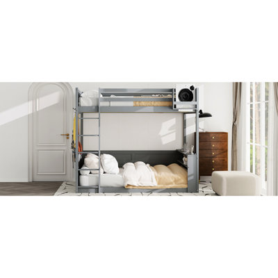 Queen Size, Wooden Bunk Bed, Storage Shelves, Box, Led , , Grey Design, Stylish And Functional Bedrooms, Clothes Hooks Size Loft Bed With Charging Station, For An Efficient Organized Bedroom,