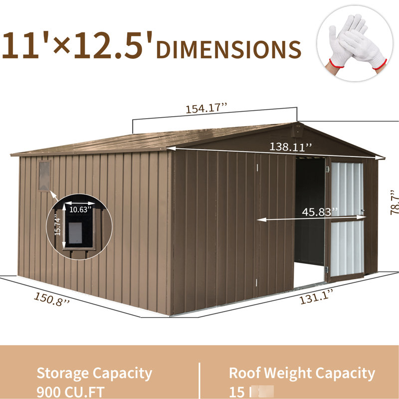 Remise de rangement pour jardin 11 pi x 12,5 pi en acier galvanisé, porte verrouillable, fenêtres, structure en acier brun pour l'extérieur