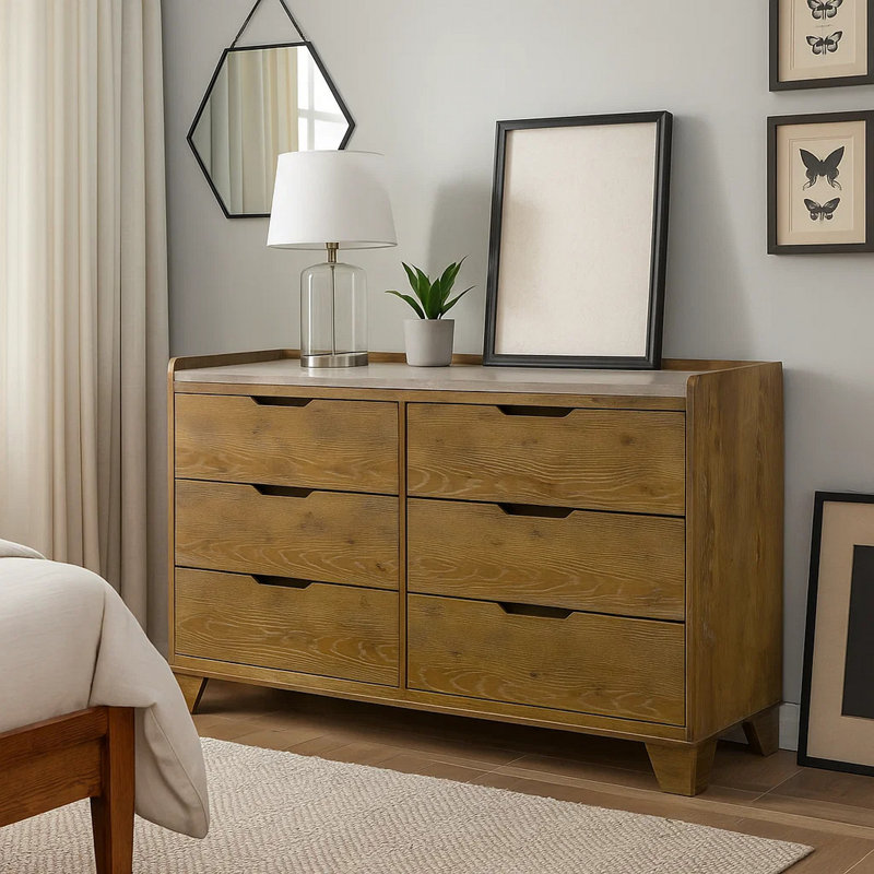 Gary 59 Inch Dresser, 6 Drawers W Cutout Handles, Farmhouse Aspen Brown