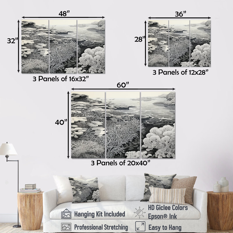 «Gray Marine Scenes - Coastal Coral Under Water», ensemble d'art sur toile, Toile tendue, H 28 po x l 36 po x P 1 po
