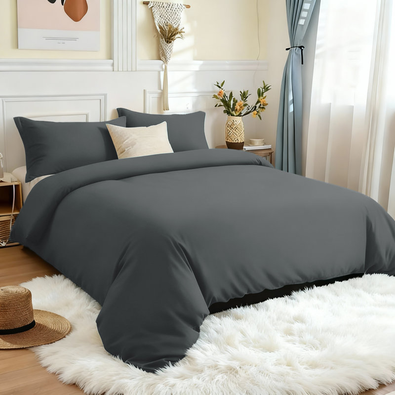 Microfiber 250 TC Reversible 4 piece Plain Duvet Cover Set with Pillowcases, Charcoal, King Duvet Cover + 4 Additional Pieces