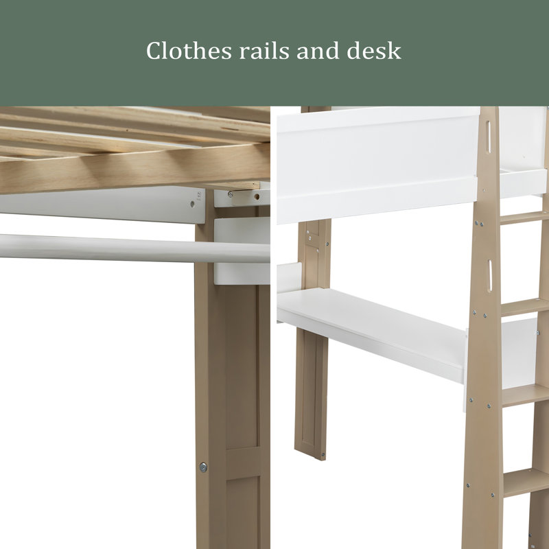 Lit mezzanine double en bois avec tablettes de rangement intégrées, portemanteaux et bureau, Naturel