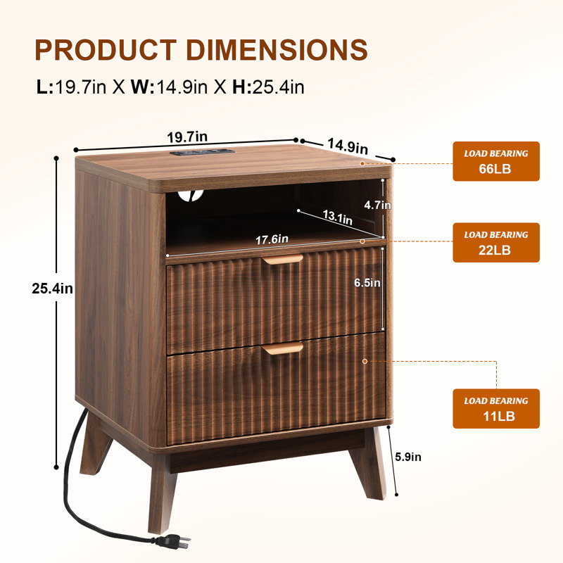 Nightstand Set of 2, Bed Side Table Set of 2 with Charging Station, Fluted Wood Night Stand, 25.4'' X 19.7'' W X 15'' D (Set of 2)
