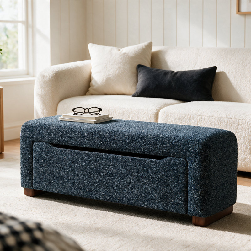 Banc de rangement rembourré bouclé de 47,2 po avec couvercle relevable et pieds en bois massif, Bleu