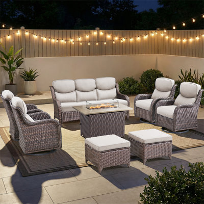 Beaulah 8-Piece Outdoor Wicker Patio Conversation Set With Rectangle Fire Pit Table And 4 Swivel Gliders