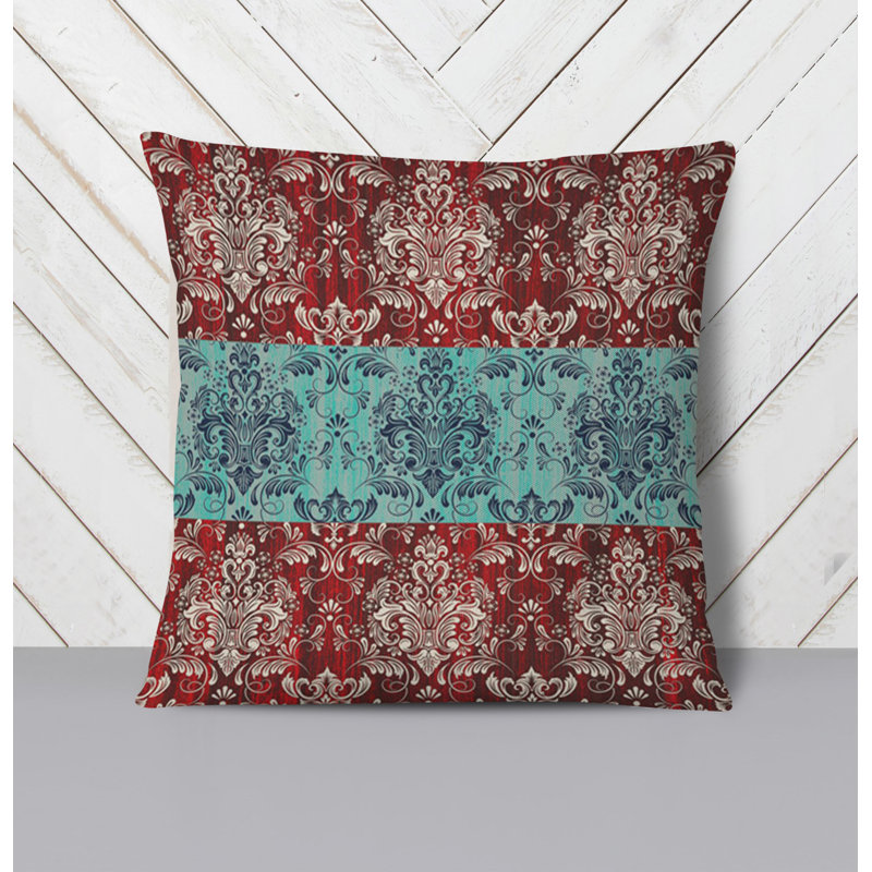 Throw Pillow With Insert, 20"H x 20"W, Blue/Red Damask 3