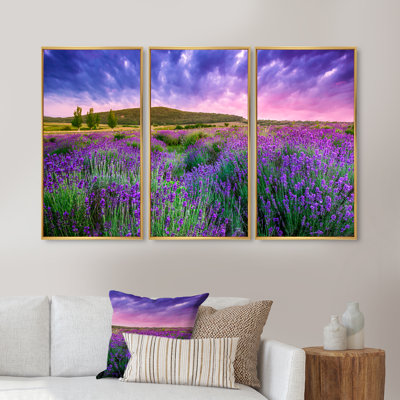 Coucher de soleil sur un champ de lavande en Hongrie - ensemble de 3 reproductions sur toile