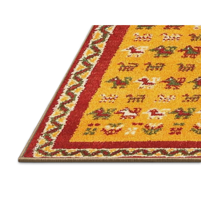 Tapis de zone jaune/rouge contemporaine, Rectangle 2 pi x 5 pi