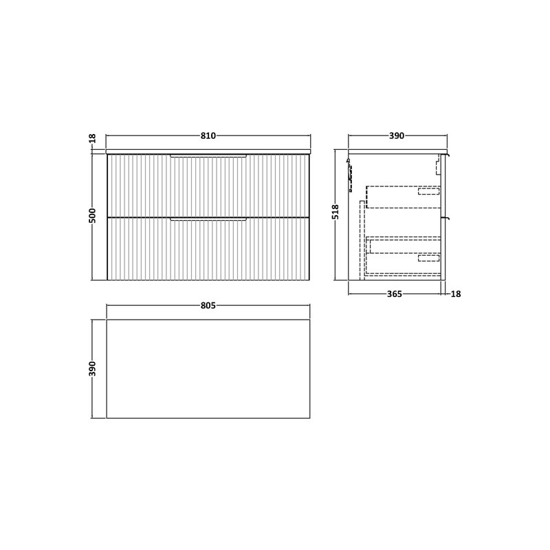 Fluted 805mm Wall Hung Single Vanity Unit with Worktop, Satin Blue