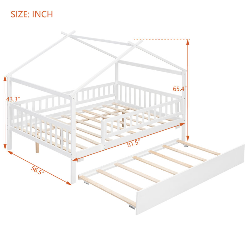 House Style Bed With Built In Trundle, Full, White