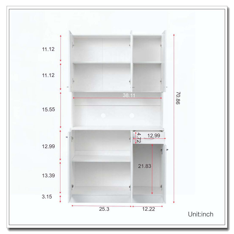 Armoire de cuisine 70,87 "de haut avec 6 portes, 1 tablette ouverte et 1 tiroir, Blanc