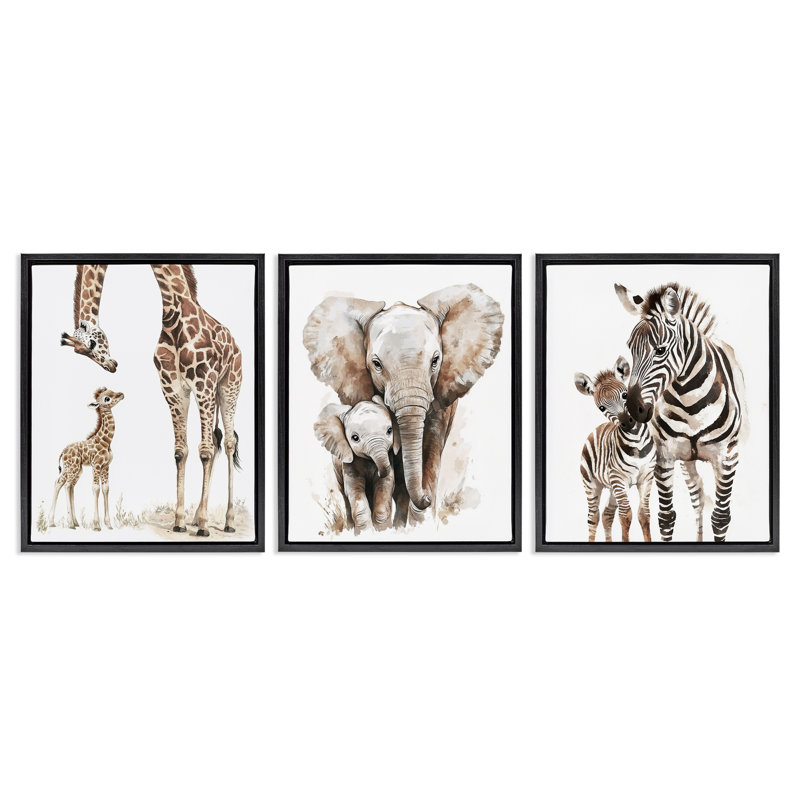 Ensemble de cadre flottant 3 pièces Jungle Animal Babies with Mothers, design par Ramona Murdock, Cadre flottant noir de jais