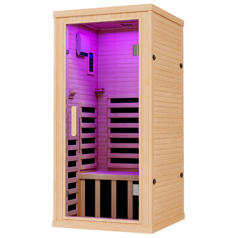 Indoor Infrared Sauna Room, 1230W/120V Hemlock Wood 1 Person Infrared saunas for Home with 7 Color Therapy Lamp, LCD Control Panel, Foot Heater, Dual Bluetooth Speakers, 32.3x32.3x66.1inch