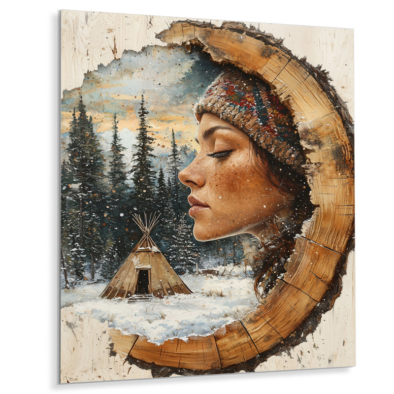 Native Woman In A Winter Wood Slide Landscape IV - Native American Woman Metal Wall Decor, 44" H x 34" W