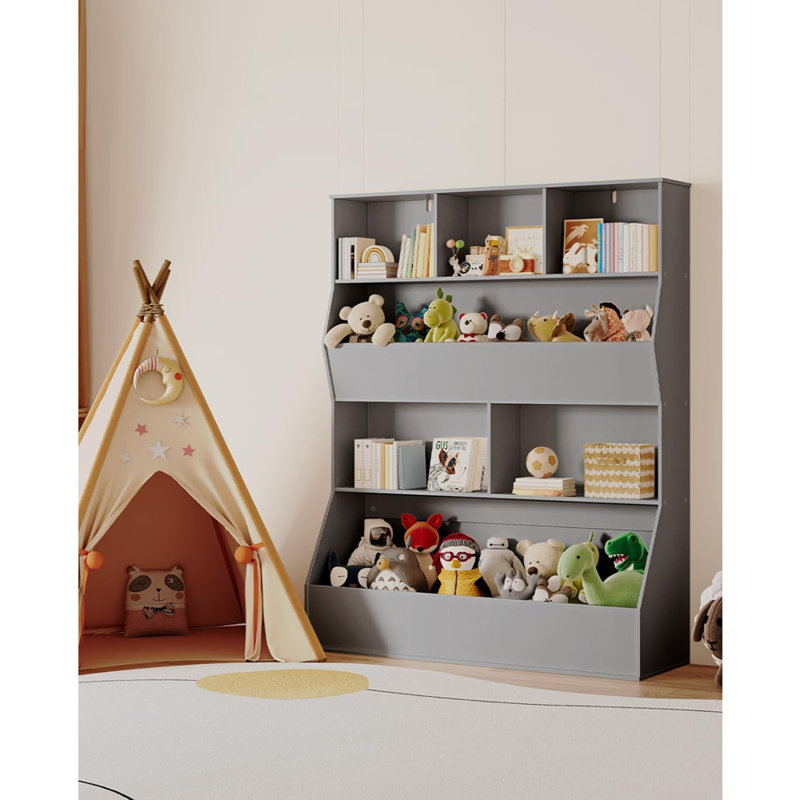 Armoire en bois à 4 niveaux avec tablettes ouvertes - Bibliothèque adaptée aux tout-petits pour salle de jeux, crèche, salle de classe ou jardin d'enfants - Gris
