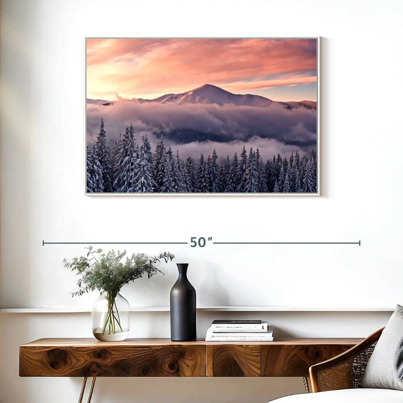 Mont enneigé au coucher du soleil, Cadre flottant blanc, 37 po x 25 po