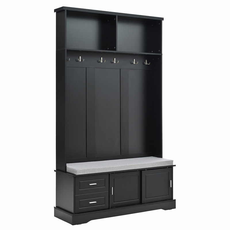 Versatile Hall Tree with Stylish Sliding Doors and Multiple Functions, Black