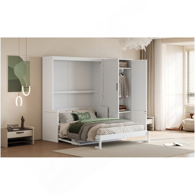 Grand lit escamotable mural avec placard, blanc