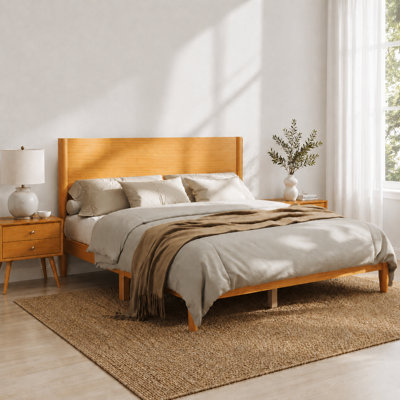Lit plateforme simple en bois de pin massif de style Mid-Century, naturel