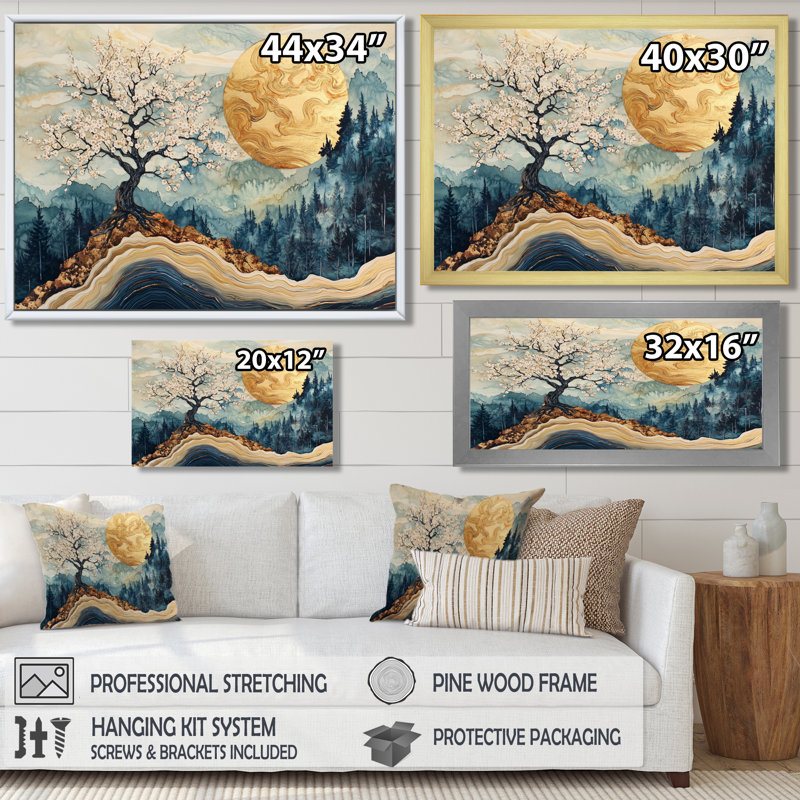 Cherry Blossom Tree Dreams Of Hanami III - Art mural fleur de cerisier, H 24 po x l 32 po, Cadre simple, Argent argent