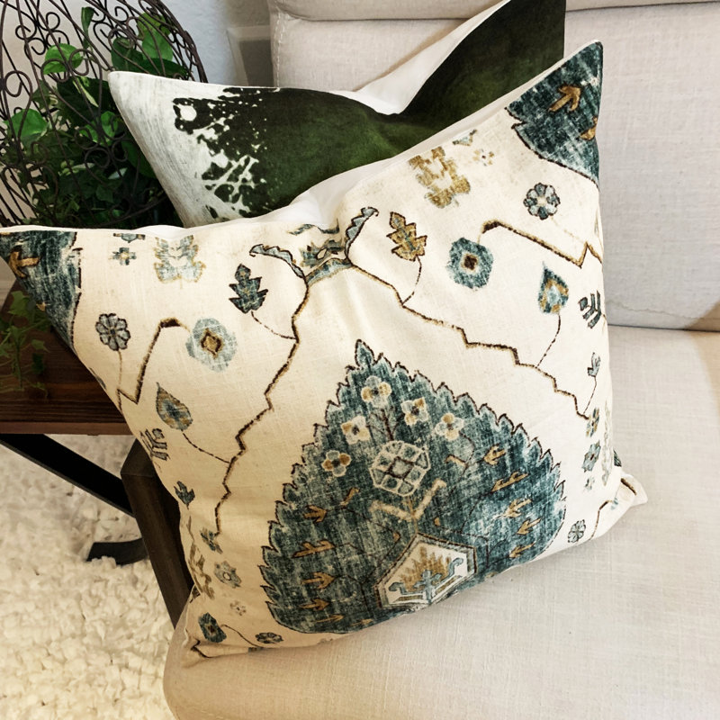 Coussin décoratif en coton damassé 20 po, Vert / crème clair