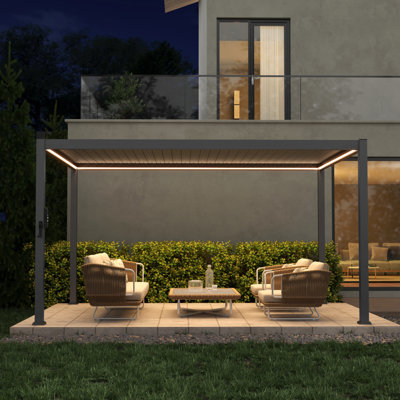 Waterproof Outdoor Pergola with LED Strip Lights, Rust-Proof Metal Pergola with Adjustable Roof for All-Weather Shade