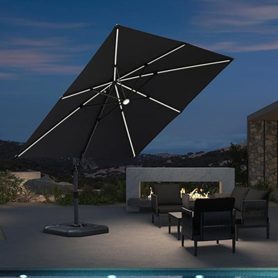 Parasol carré 120 po à DEL à énergie solaire gris avec contrepoids inclus avec base et lumières DEL