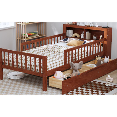 Lit simple avec rangement pour tête de lit et trois barrières de sécurité, caractéristique noyer