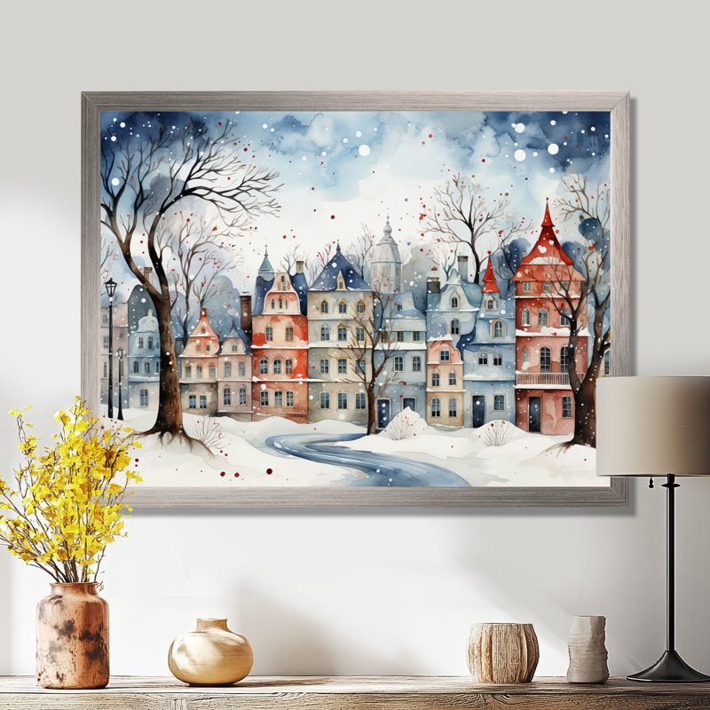 «Christmas village in Winter III - Winter Landscape», art mural encadré, Cadre de coin argenté fermé