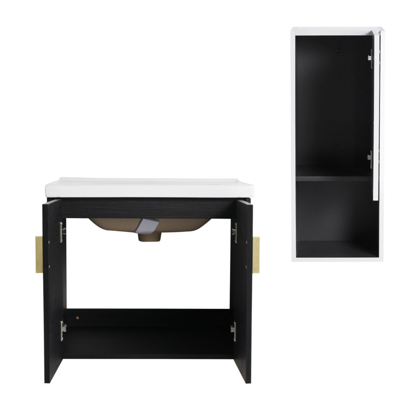 Meuble-lavabo mural 24 po avec lavabo en céramique, armoire latérale et portes à fermeture en douceur pour salles de bain modernes