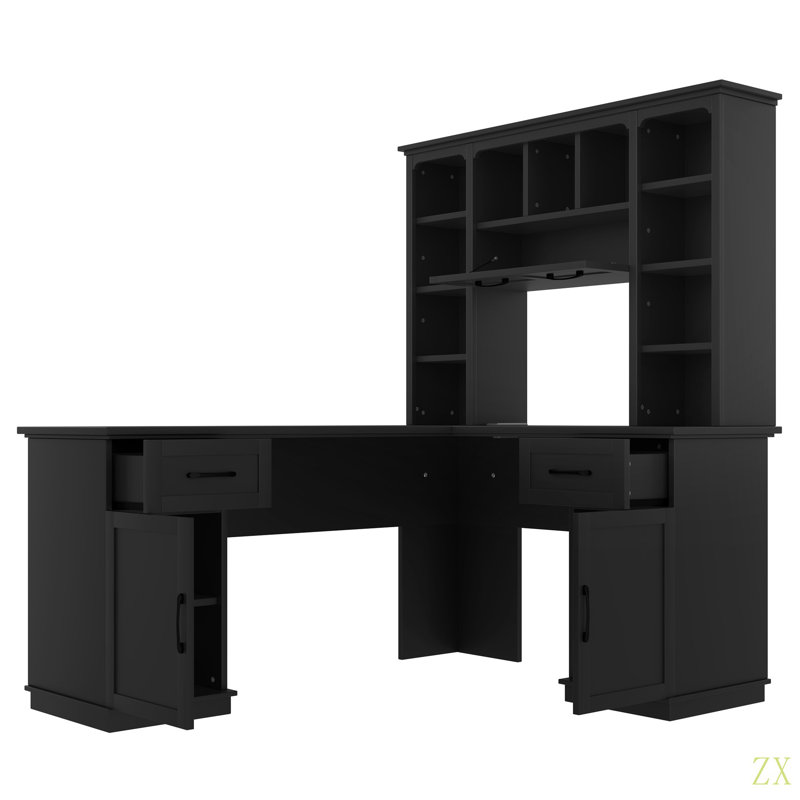 Bureau d'ordinateur en L avec 2 armoires et 2 tiroirs sous la table, 11 tablettes ouvertes et une tablette rabattable avec rangement sur le côté droit, convenant pour le bureau, le salon et le bureau