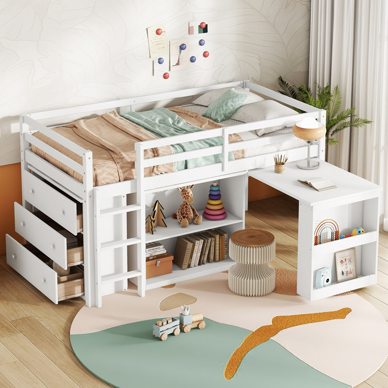Lit mezzanine simple avec tiroir, tablette et bureau coulissant, Blanc