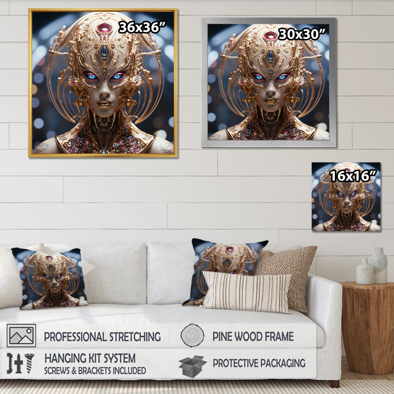 Sci-Fi, portrait d'une déesse futuriste dorée - Portraits abstraits, décoration murale, H 16 po x l 16 po x P 1 po