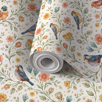 Peel and Stick Wallpaper Contact Paper Vintage Floral Bird Wildflowers Botanical Branches Cream Self Adhesive and Removable 17.7in x 118in(45x300cm)