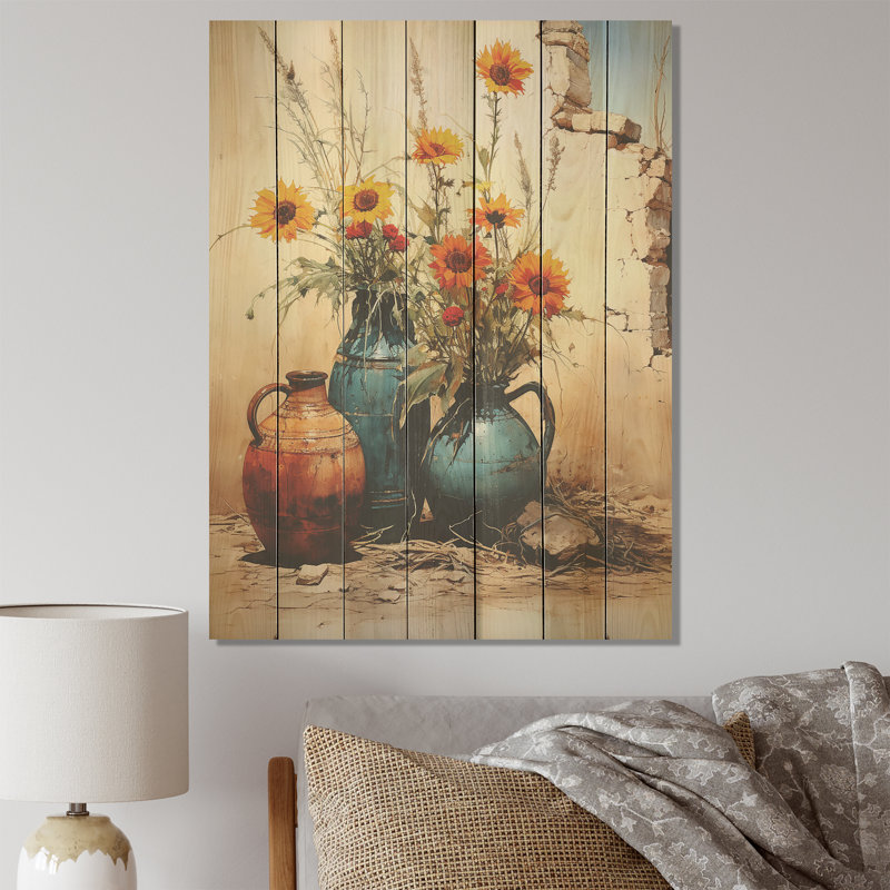 Floral Floral Rustic Charm Pottery II - Boho Pottery sur impression de bois, H 20 po x l 10 po