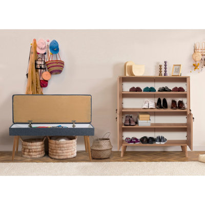 Elegant Hallway Furniture Set, 2 Pieces | Shoe Cabinet (37.4 x 43.7 x 14.2 inches) & Bench (41.3 x 19.3 x 15.7 inches) | 100% Melamine Coated Particle Board & Wooden Legs | Abstract Geometric Design in Sonoma & Dark Blue