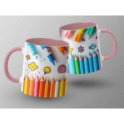Kids Drawing Style 11oz Accent Mugs – Ceramic Coffee Cup with a Pink Handle and Interior
