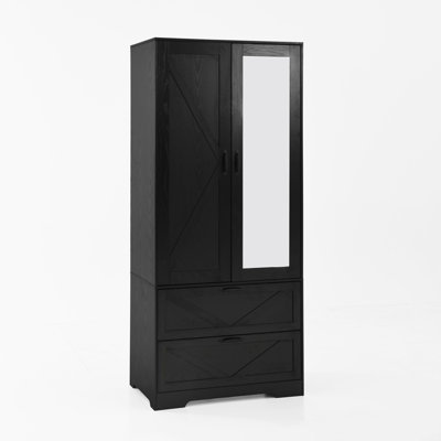 Garde-robe en bois à 2 portes pour la chambre à coucher avec tringle à vêtements suspendue à l'intérieur de l'armoire et 2 tiroirs pour l'organisation du rangement, placard multifonctionnel à induction intégré avec miroir, noir