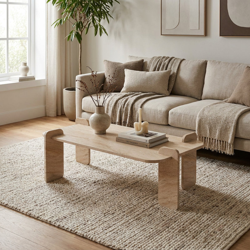 Table basse rectangulaire minimaliste Leland avec piètement sculptural, Milano Walnut