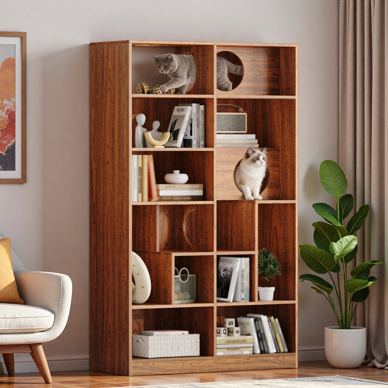 Modern 2 In 1 Wood Bookshelf Cat House With Open Shelves, Cat Houses And Pass-through Cat Holes, Brown