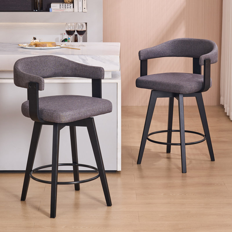 Tabouret de bar pivotant revêtu de lin 26 po, 2, Lin gris foncé, Noir