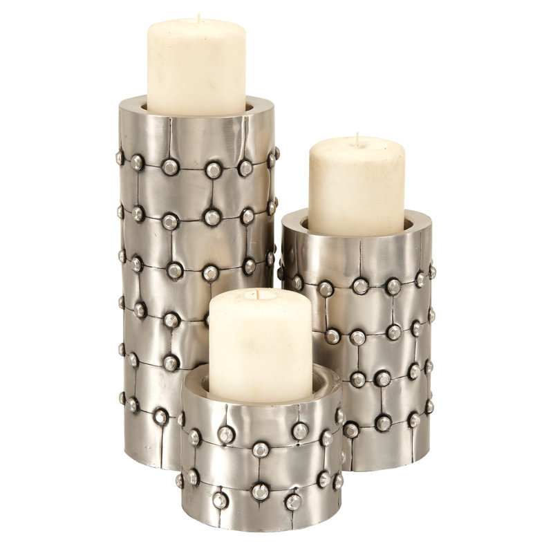 Metal Handmade Pillar Decorative Silver Candle Holder with Studs Set