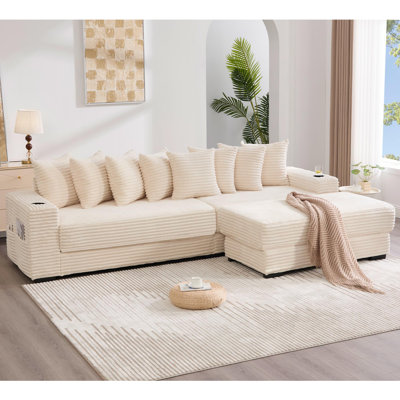 Canapé en forme de L, canapé modulaire en velours côtelé, avec repose-pieds mobile, porte-gobelets et 8 coussins décoratifs