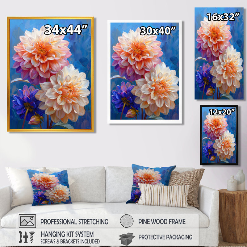 Danse des fleurs de dahlia rose bleu, collage I - impression d'art mural Dahlia, Toile tendue, H 30 po x l 40 po