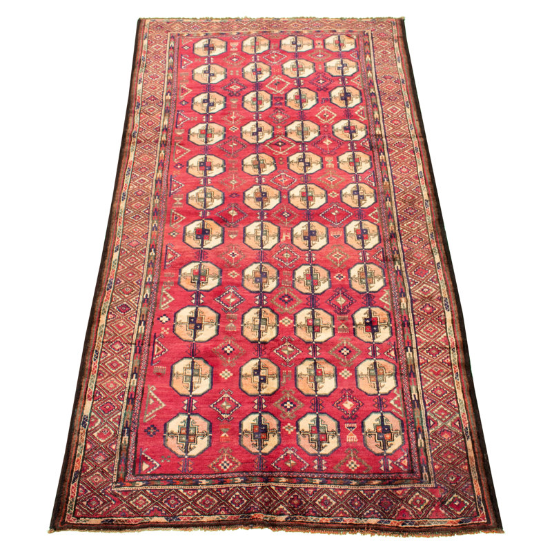 Tapis décoratif rouge en laine de conception unique noué à la main des années 1980 5 pi x 9 pi 7 po Bijender
