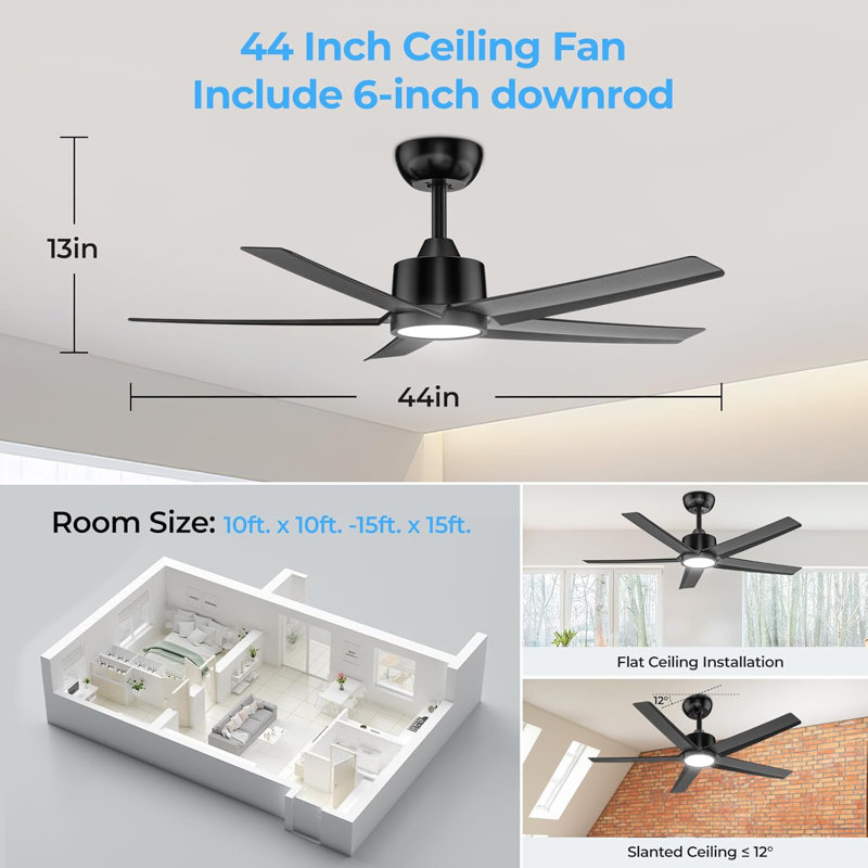 44'' Standard Ceiling Fan With LED Light Black, Black