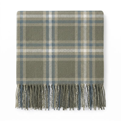 Plaid doux en imitation cachemire, tricot à carreaux vert laurier avec franges - 127 x 152 cm, jeté décoratif et confortable pour canapé, sofa ou lit