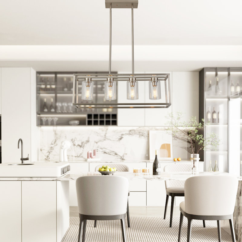Dionna 4 - Luminaire suspendu linéaire pour îlot de cuisine avec abat-jour en verre, Nickel brossé