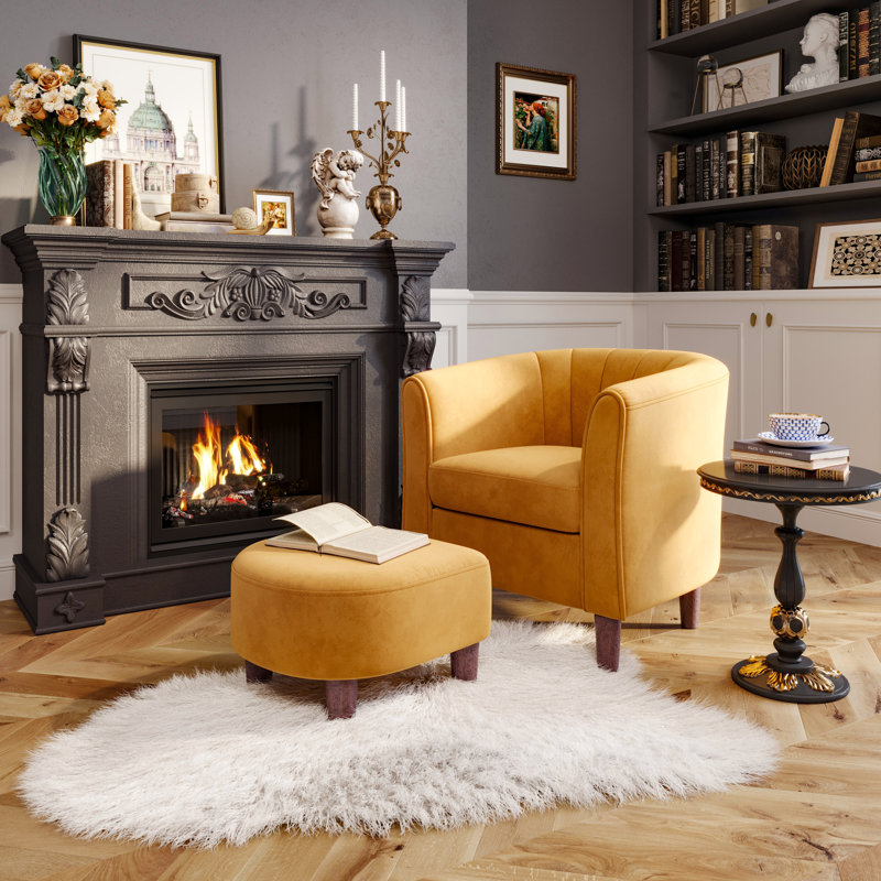 Torrence Upholstered Barrel Chair with Ottoman, Yellow Velvet